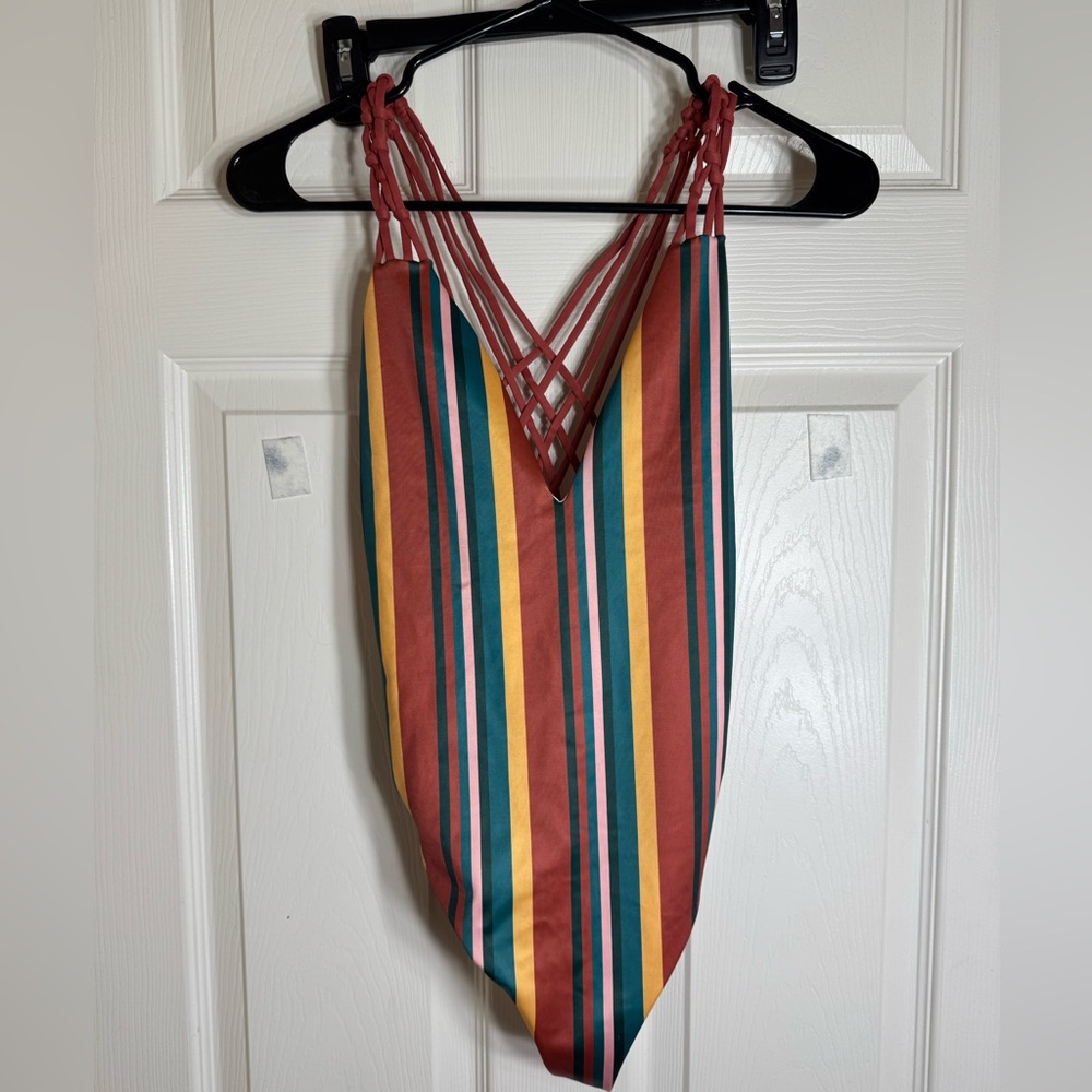 Mapalé‎ Striped One-Piece Swimsuit Small Crisscross Back Deep V Festival Beach